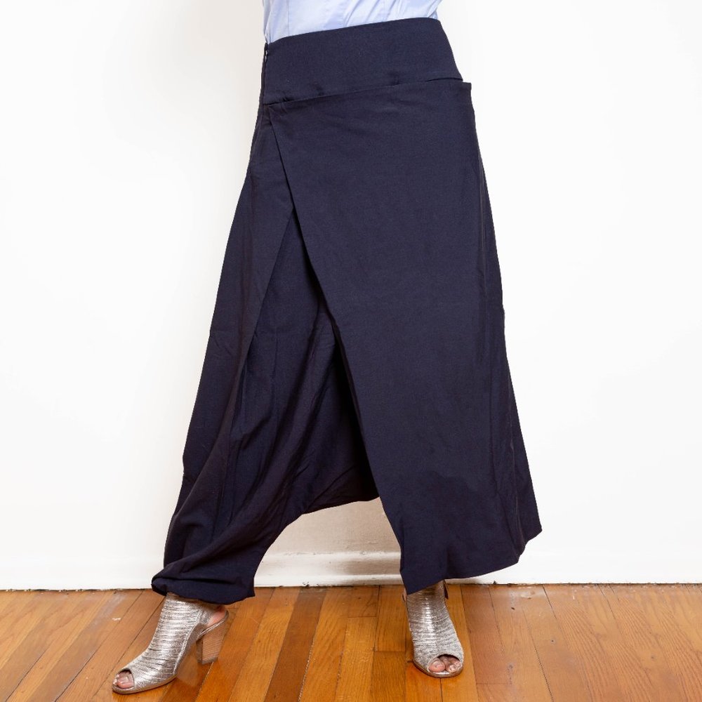 Sarah Pacini Designer Navy Wide Leg, Panelled Front Pants Size IT 1 (US 6)